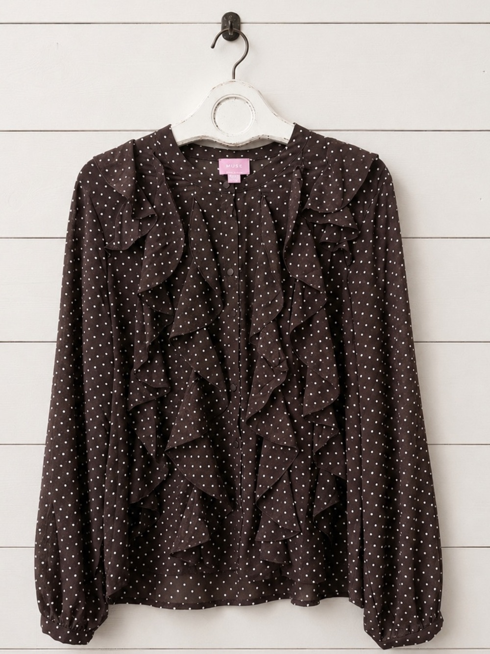 NWT Muse Brown Polka Dot Ruffle Blouse